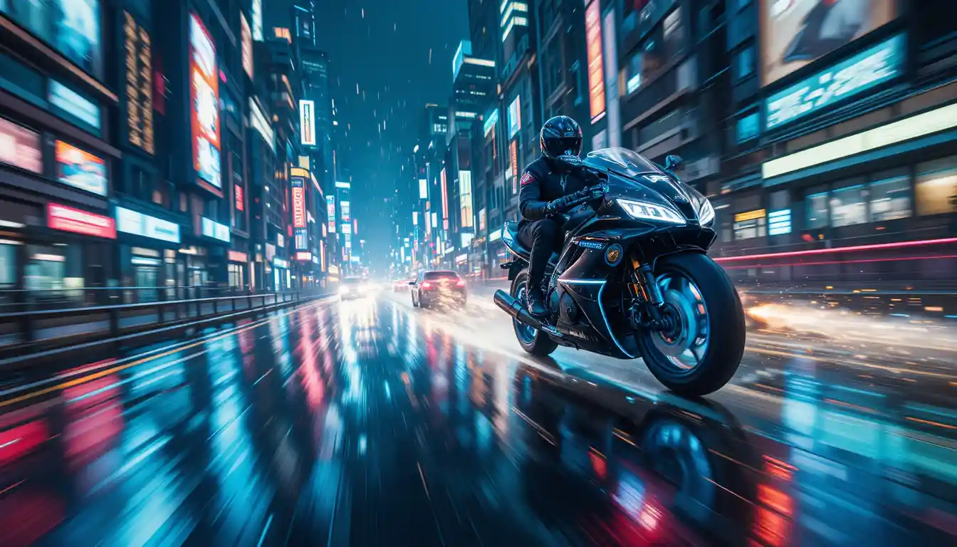 Motocicleta voadora policial futurista persegue drone rebelde à noite