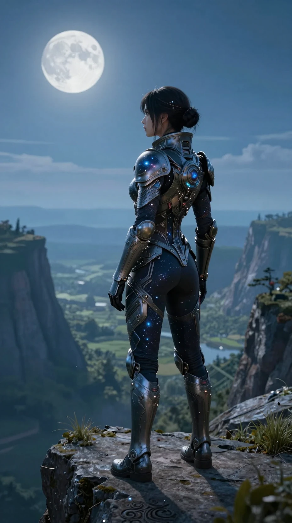 Armored tree woman overlooking a moonlit futuristic valley