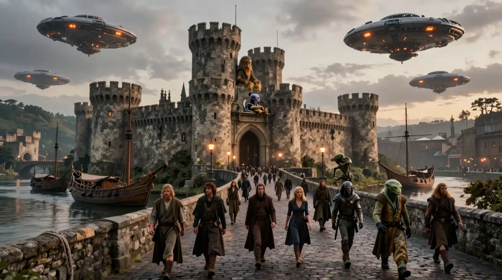 Fortaleza de castillo medieval de piedra cinematográfica al atardecer con multitud
