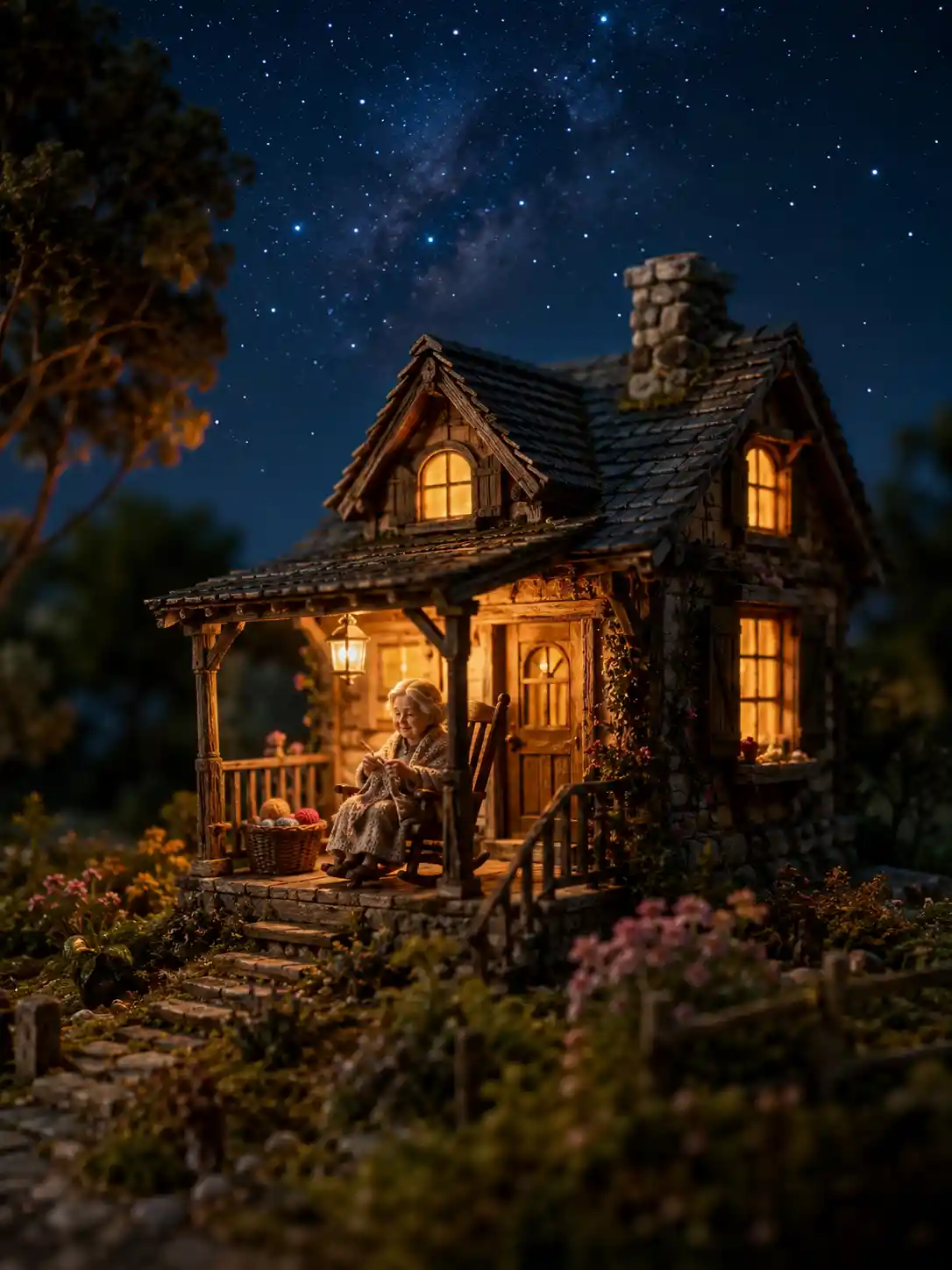 Acogedor porche de casa en miniatura bajo un suave cielo nocturno estrellado