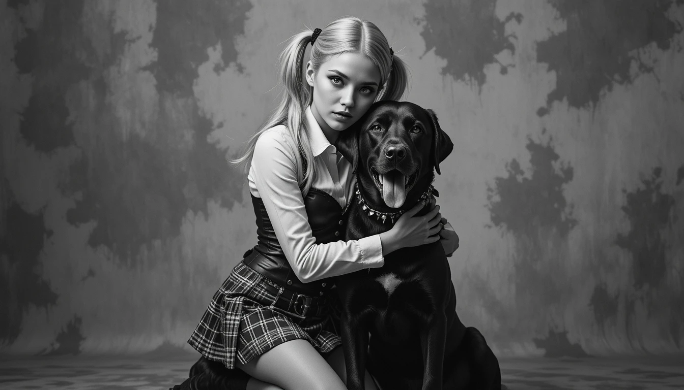 Girl kneeling with black labrador in monochrome portrait