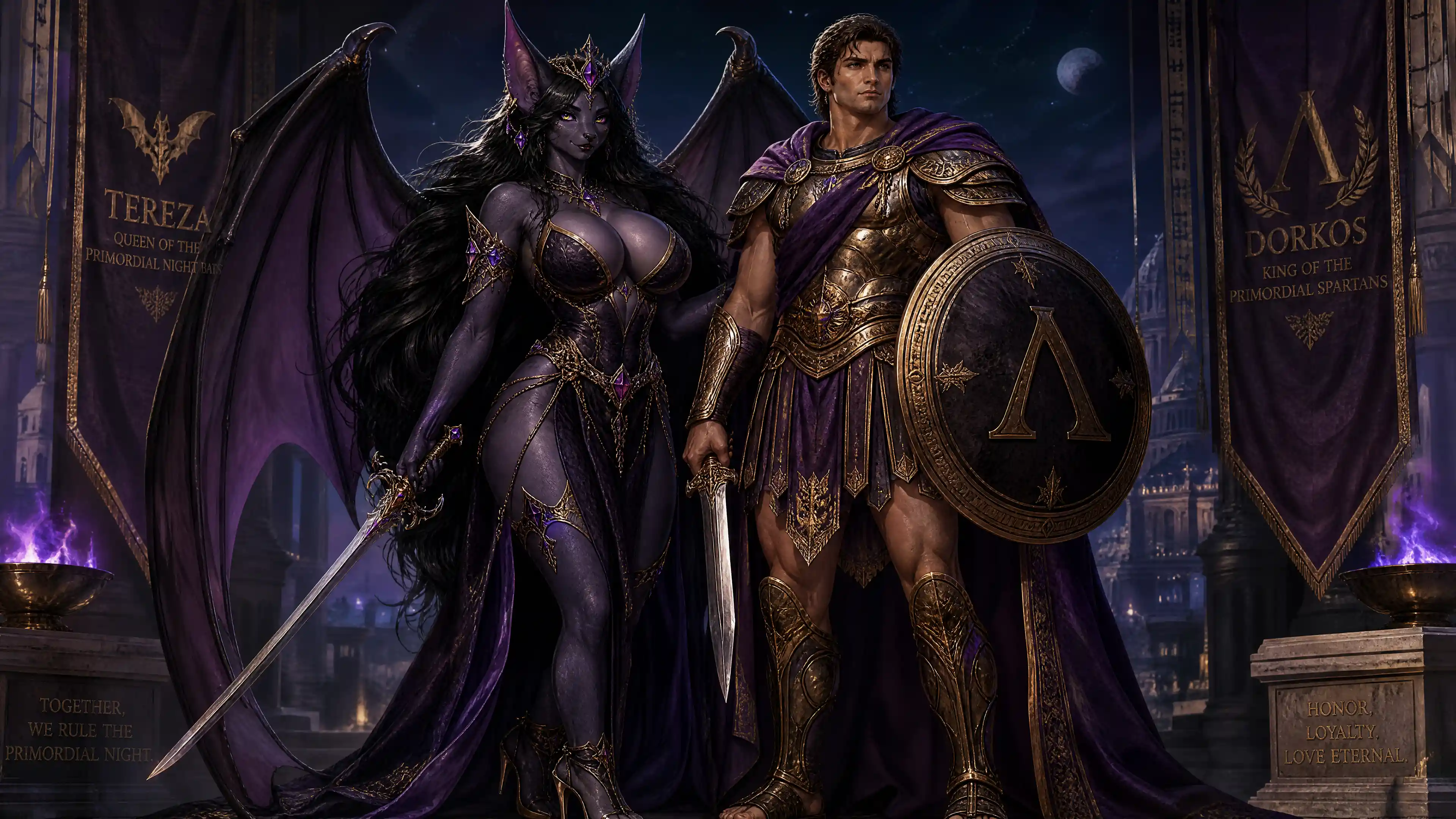 Winged bat queen with her spartan king in regal attire