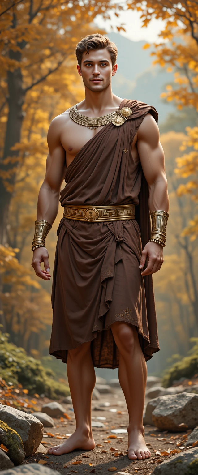 Majestic Greek god standing in an autumn forest