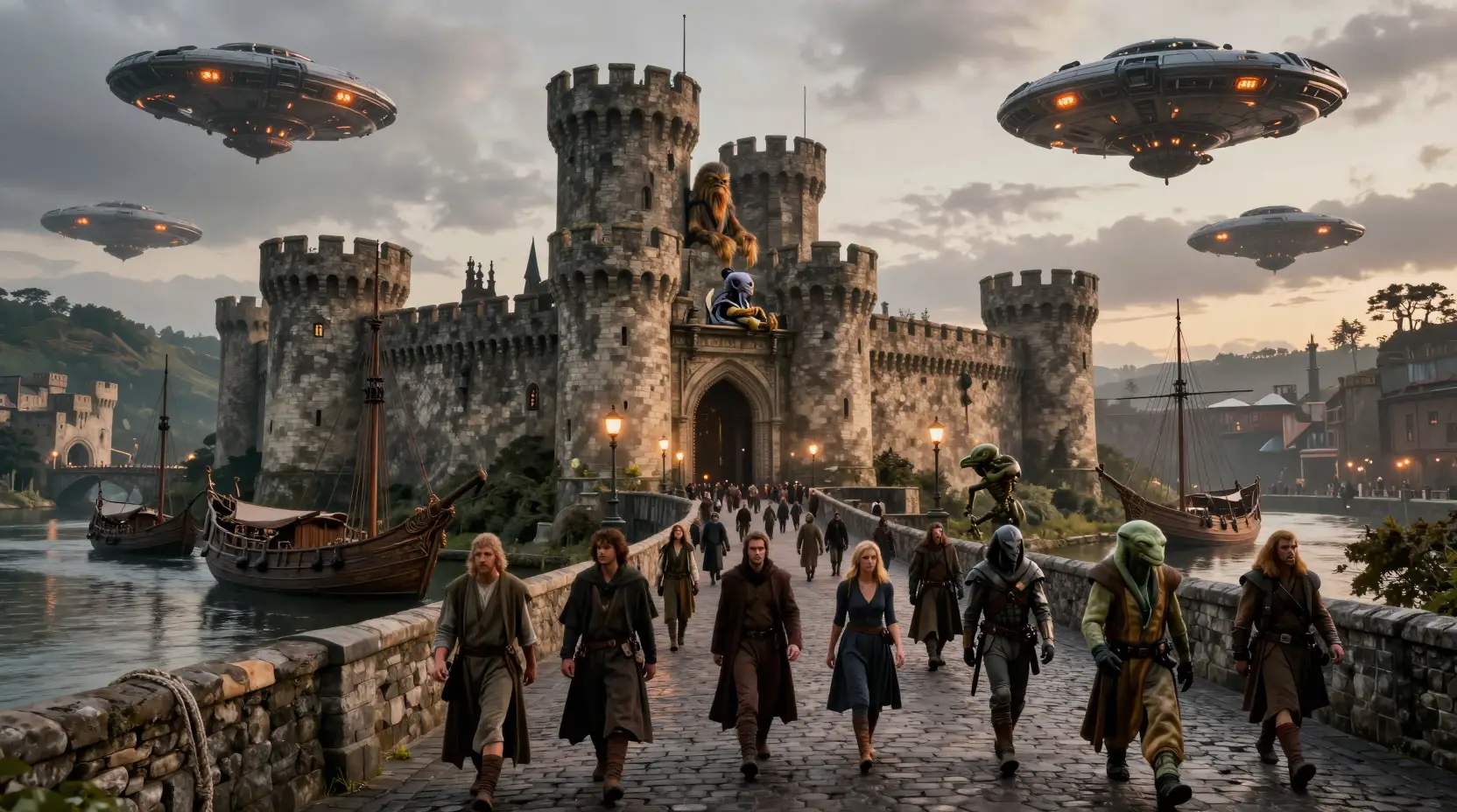 Fortaleza de castillo medieval de piedra cinematográfica al atardecer con multitud