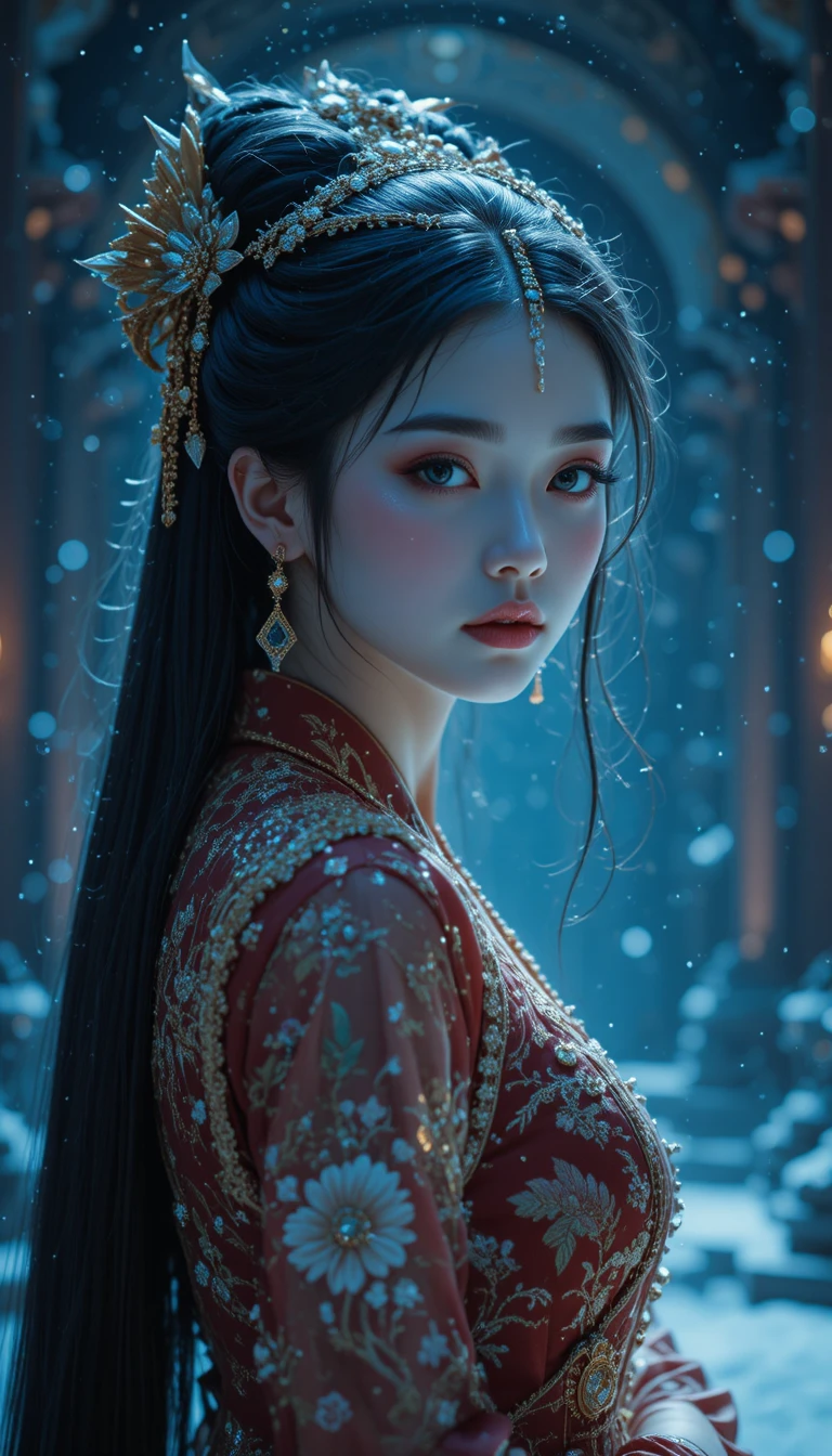 Icy princess in a grand palace under celestial night sky