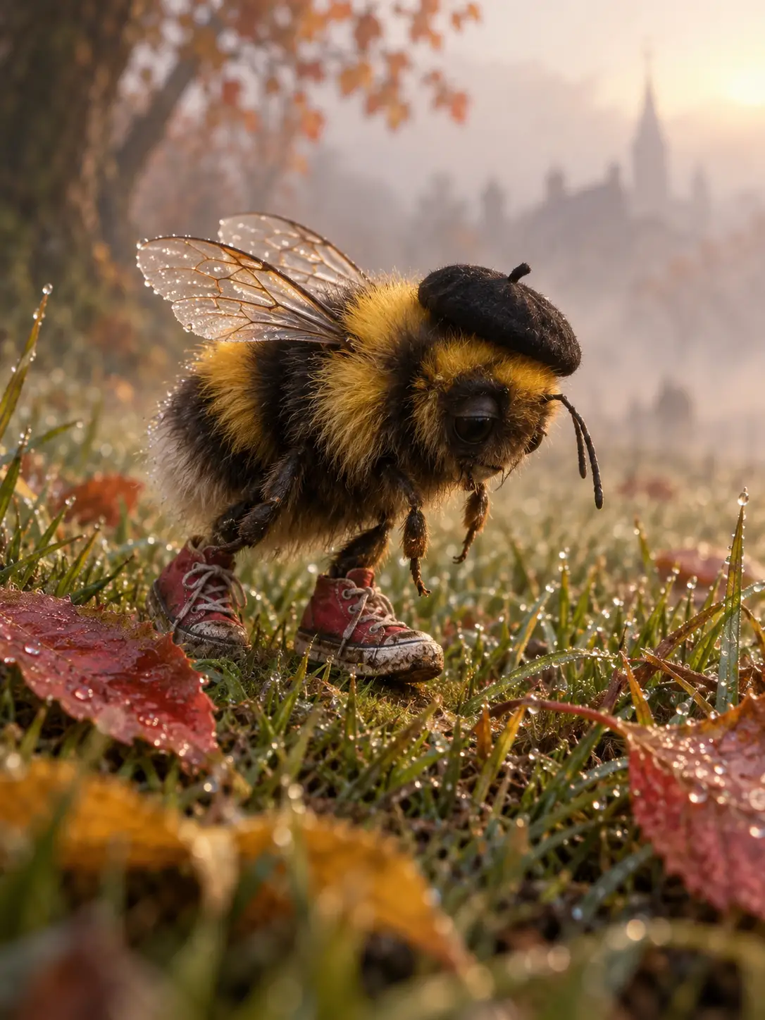 Sad bumblebee in red sneakers walking through autumn grass