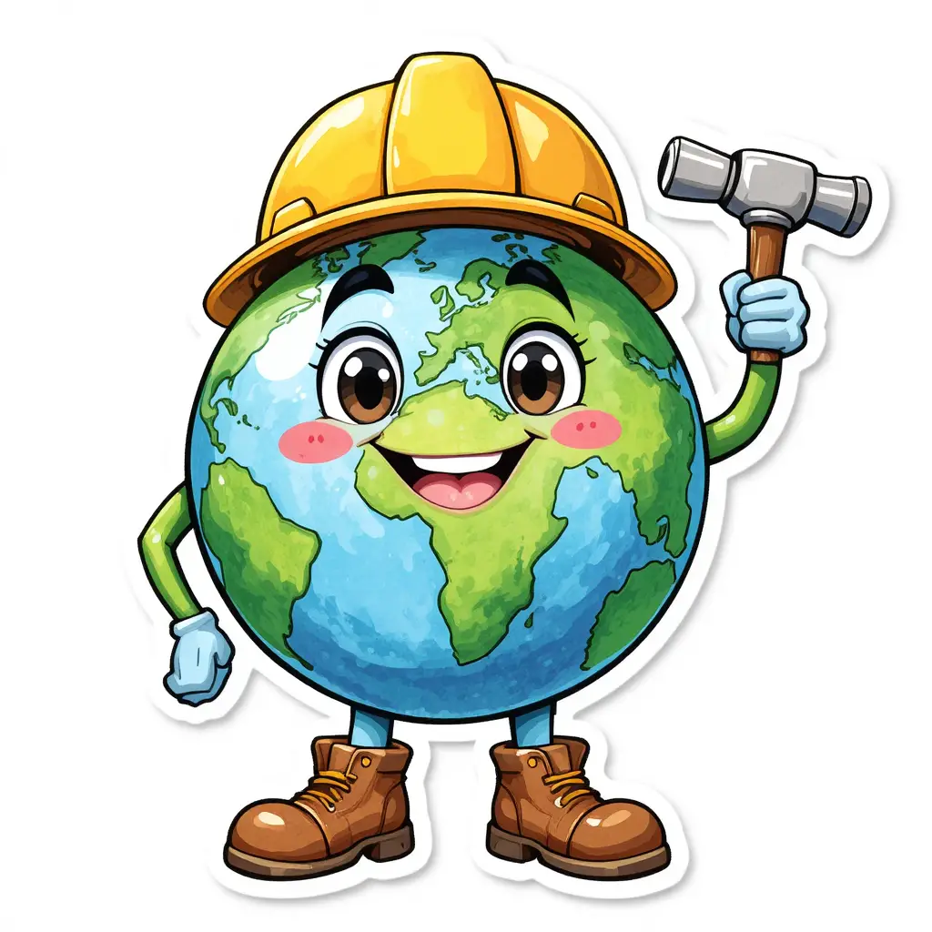 Mascote alegre da Terra em desenho animado com capacete e martelo
