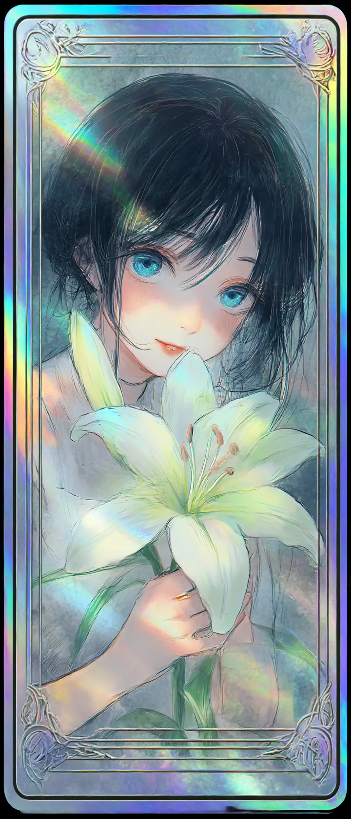 Anime-Mädchen-Sammelkarte mit holografischer Folie und weißer Lilie