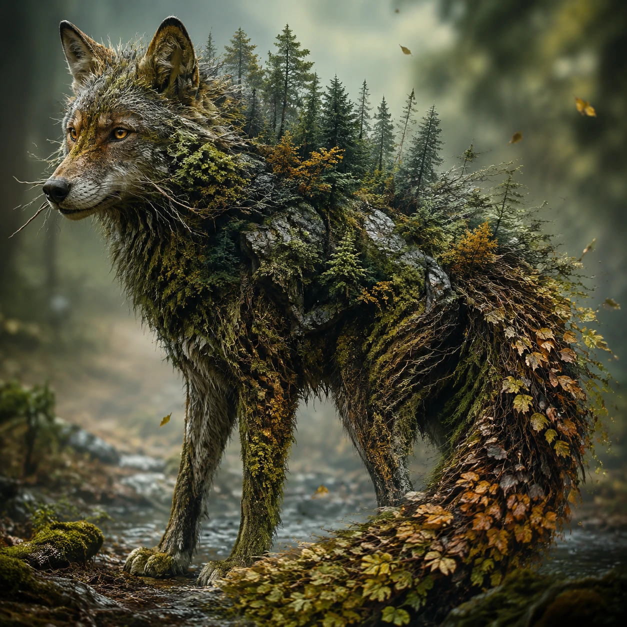 Lobo surreal que se fusiona a la perfección con un bosque infinito