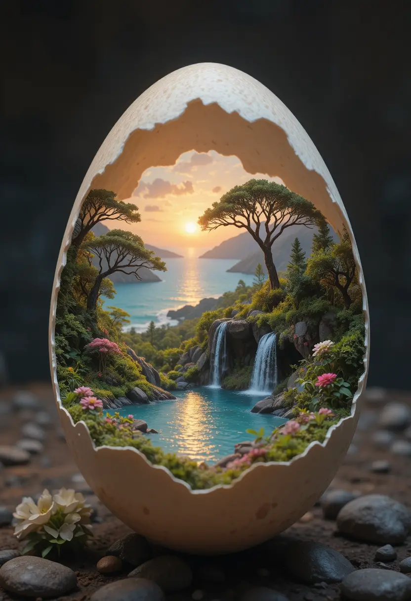Guscio d’uovo rotto che si apre su un minuscolo paesaggio fantasy