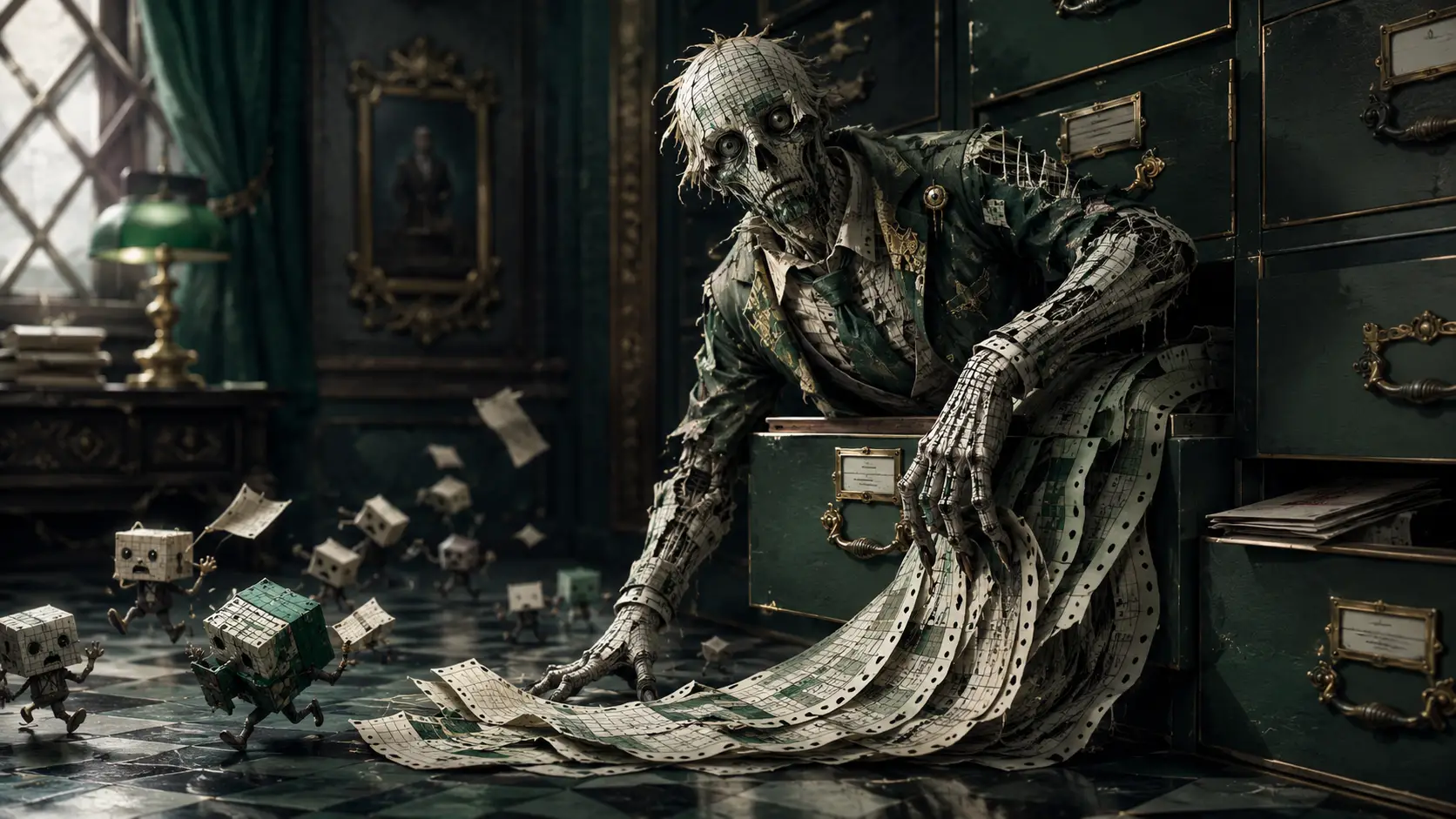 Elegante zombi di fogli di calcolo che emerge da un archivio da ufficio