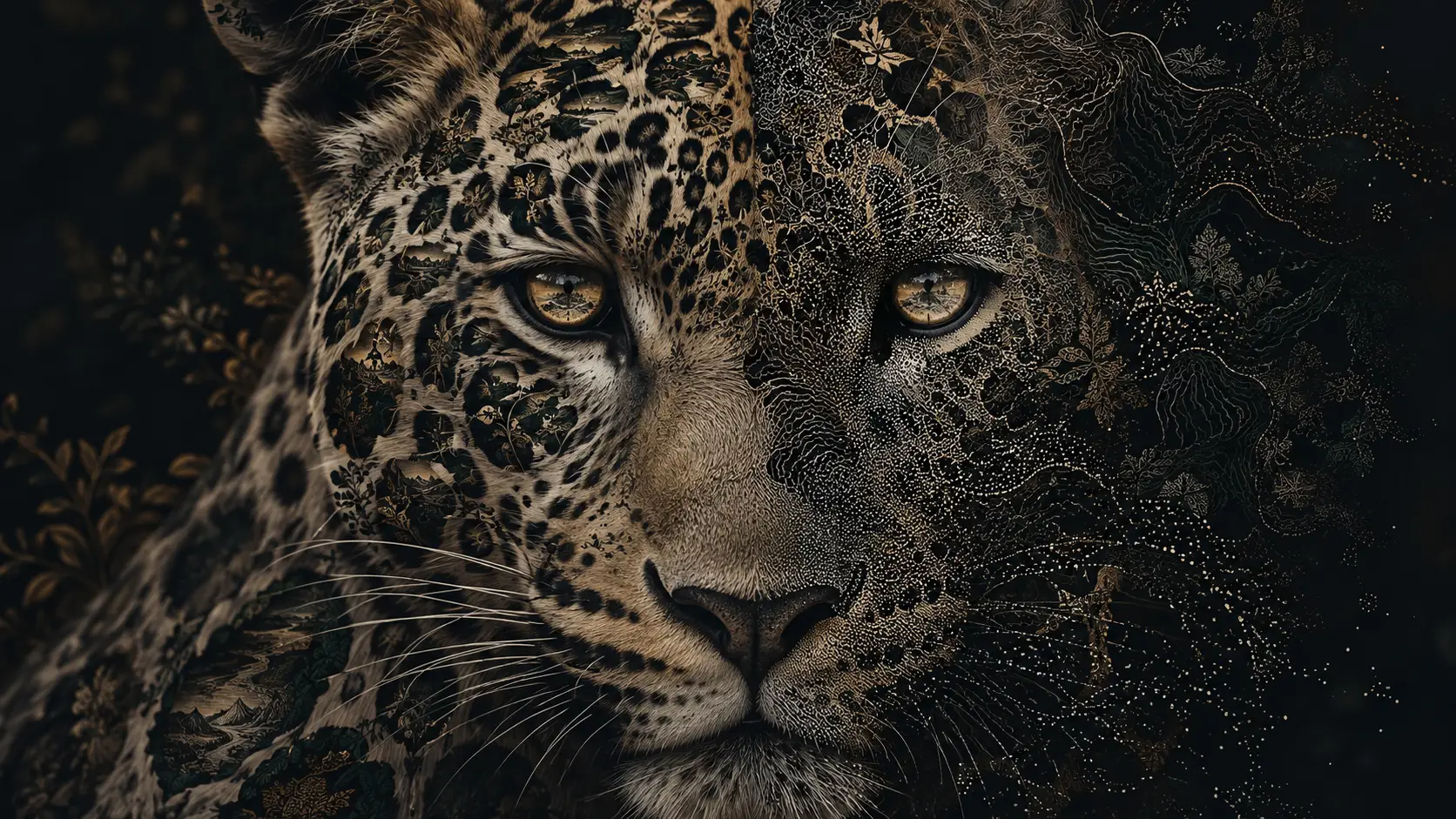Ritratto surreale di leopardo con rosette cartografiche e occhi color ambra