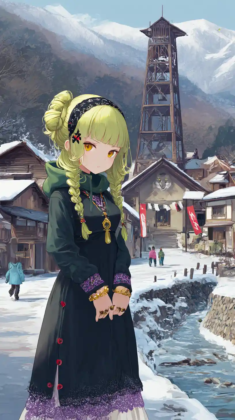 Ciudad de invierno estilo anime con torre de acero e iglesia del pueblo