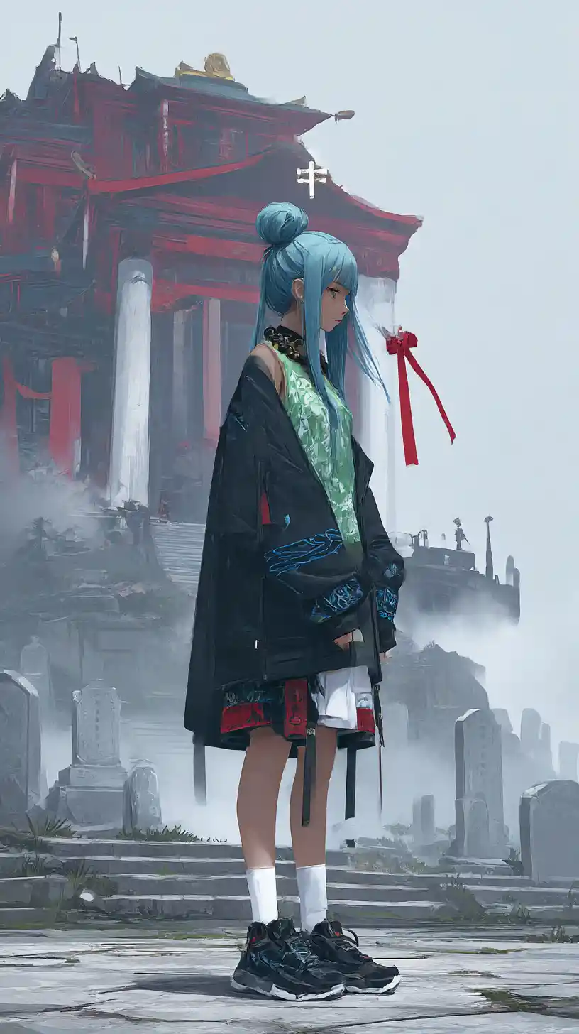 번 헤어와 패턴 스커트를 입은 레이어드 룩의 애니메이션 소녀