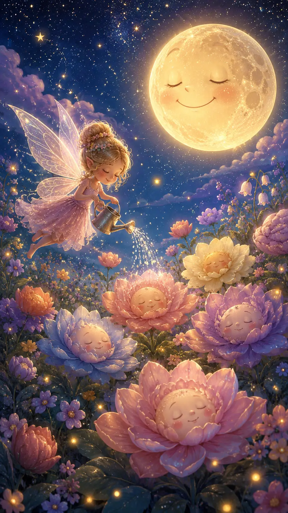 Fata che annaffia fiori addormentati sotto una luna piena sorridente