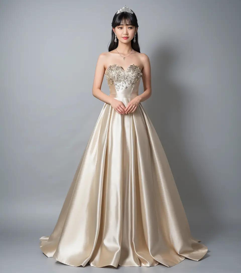 Elegante junge Frau in hellgoldener Satin-Ballrobe