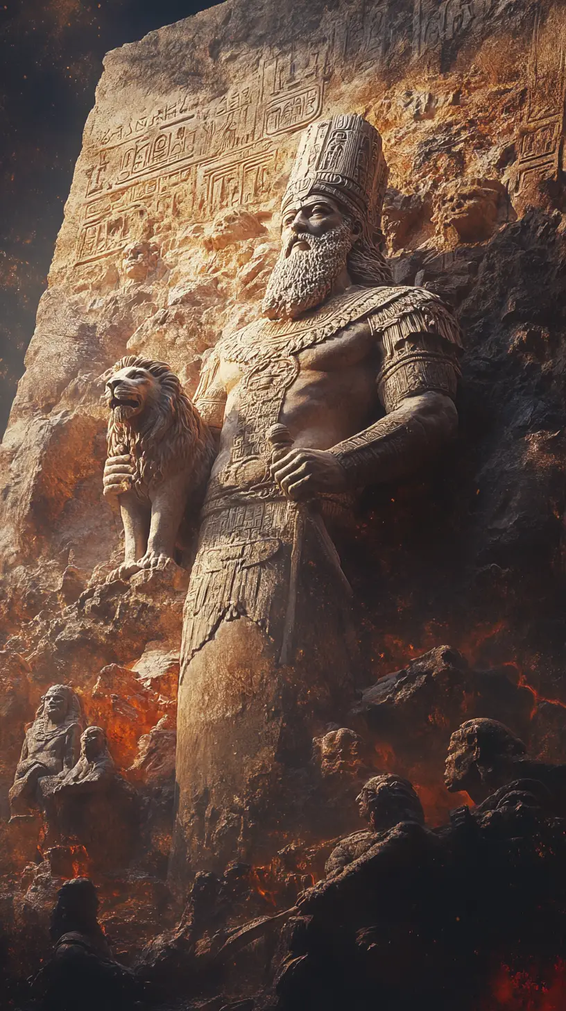 Re mitologico che tiene in braccio un cucciolo di leone in scena dallo stile antico