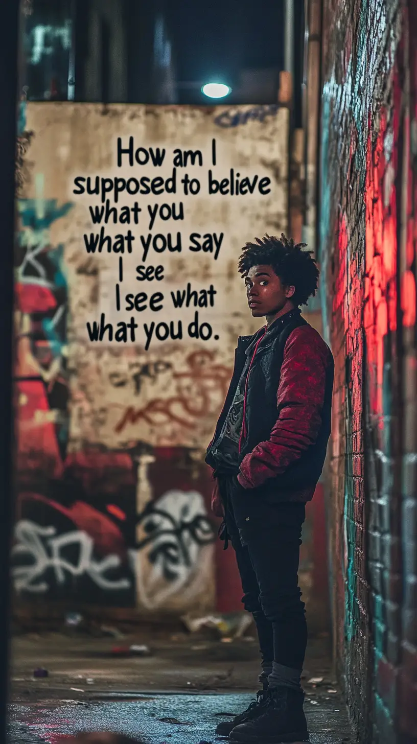 Brooding man in dim alley with confrontational graffiti text