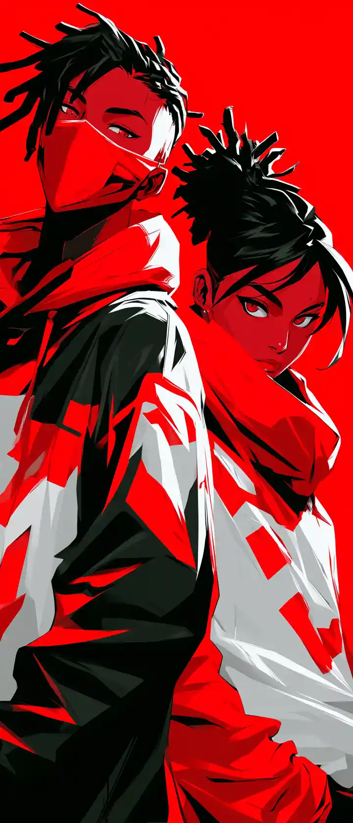 Ritratto vettoriale di coppia anime in streetwear rosso monocromatico
