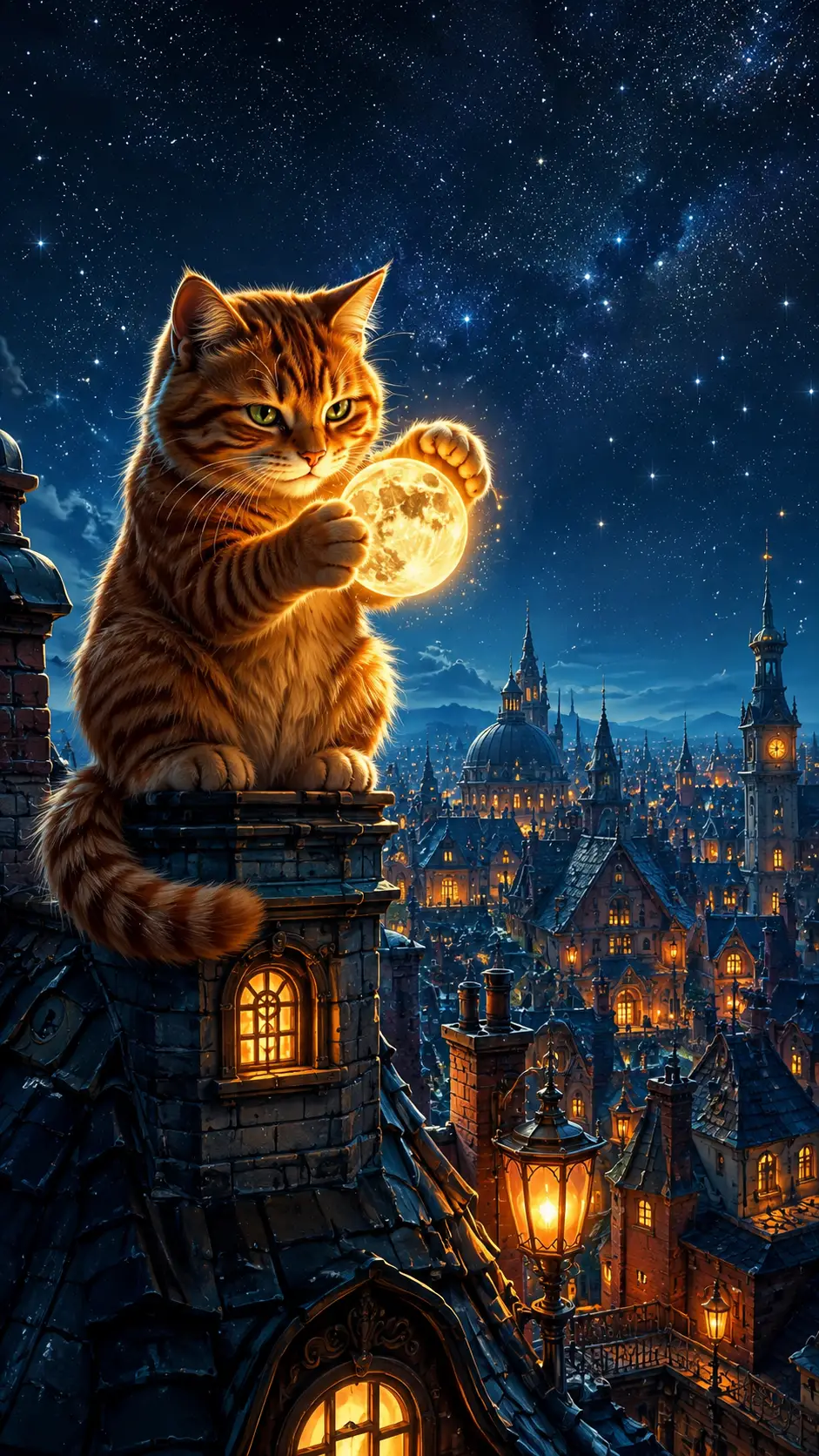 Gatto arancione giocherellone che equilibra una piccola luna luminosa