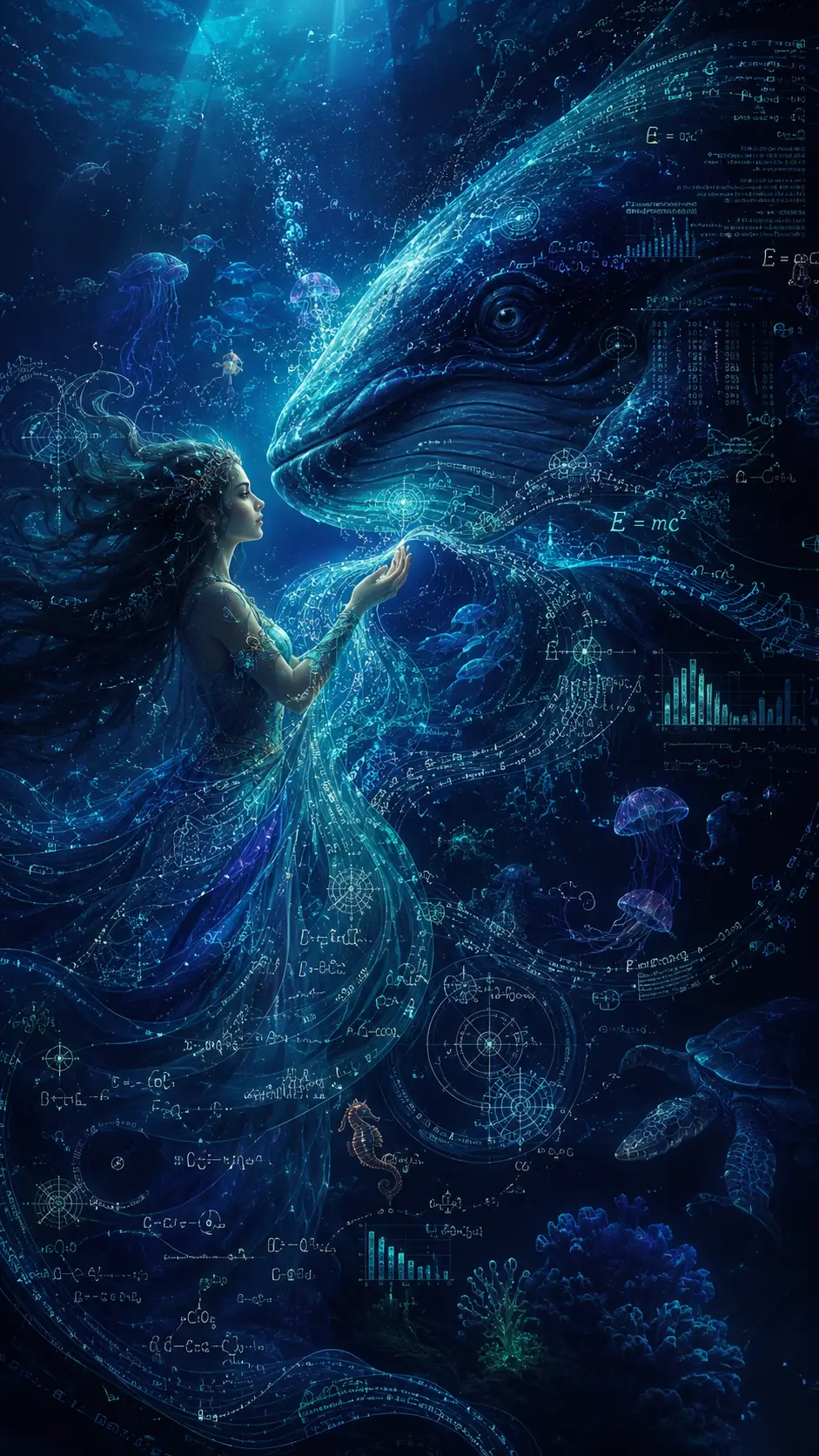 Spirito di fantasia subacquea con correnti oceaniche intrecciate di dati
