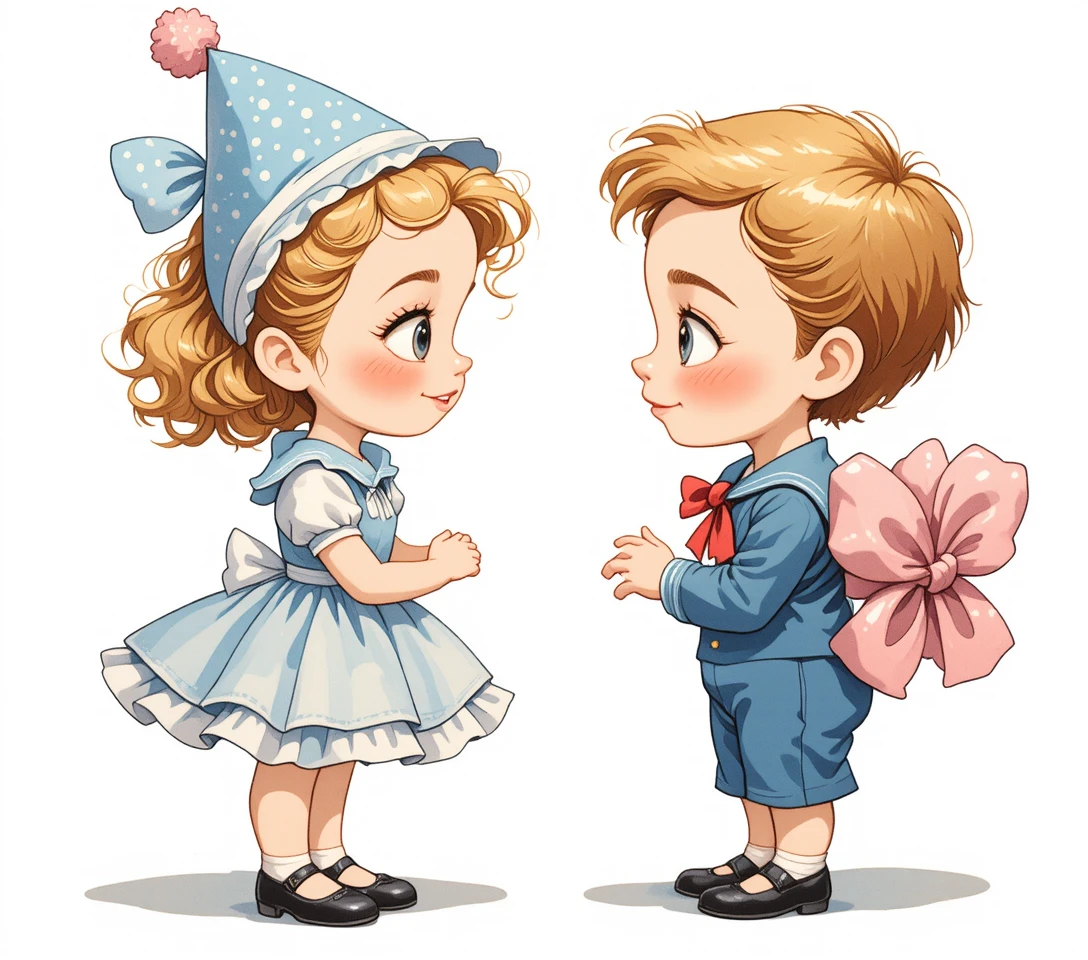 Sweet vintage illustration of shy children exchanging a gift