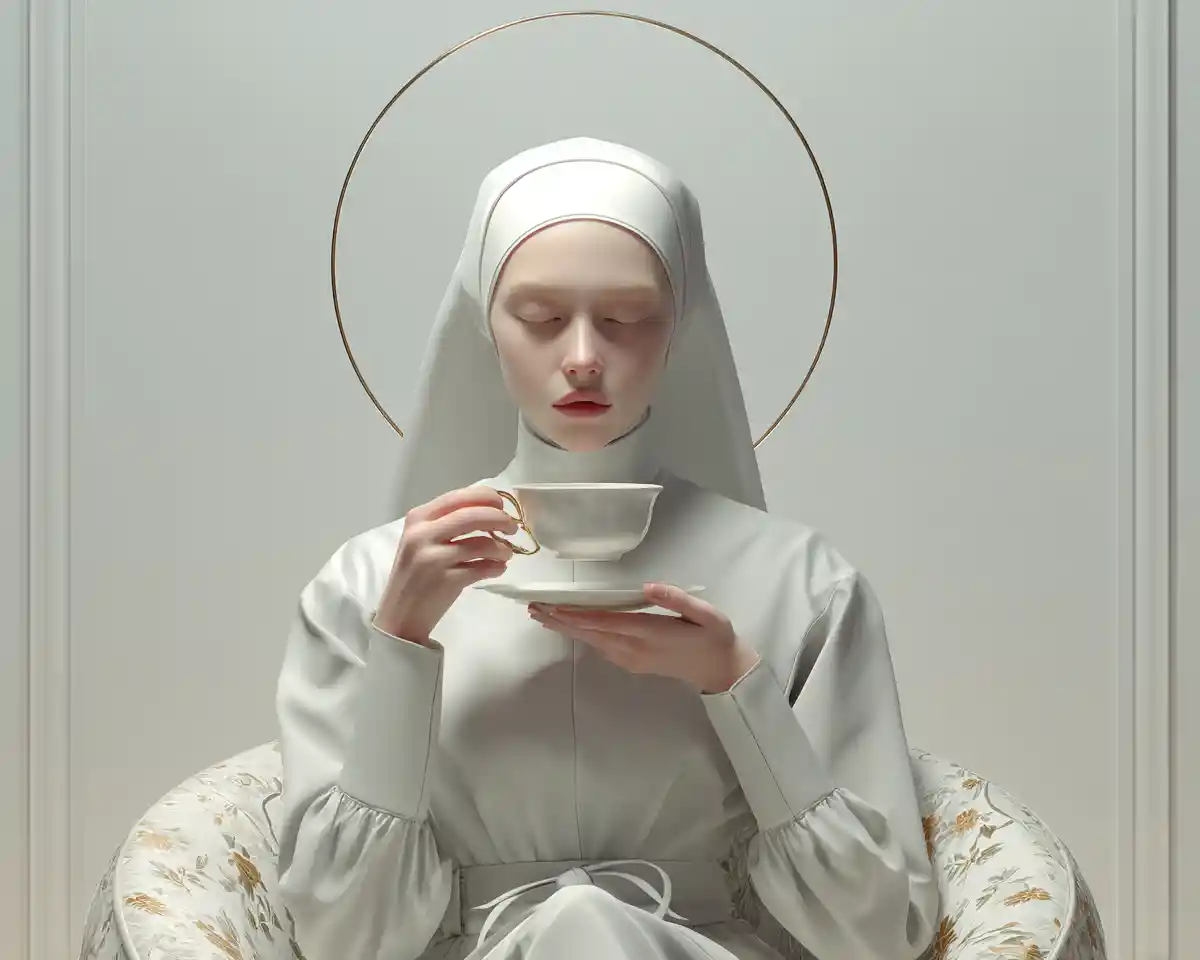 Mantide religiosa che beve tè in un accogliente soggiorno 3D