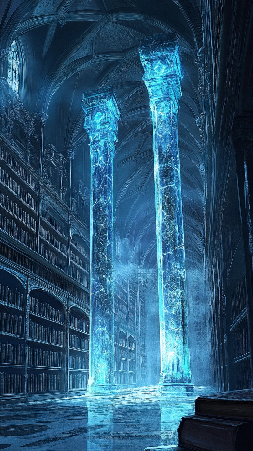 Weitläufige mystische Bibliothek mit leuchtenden Kristallsäulen und Frost