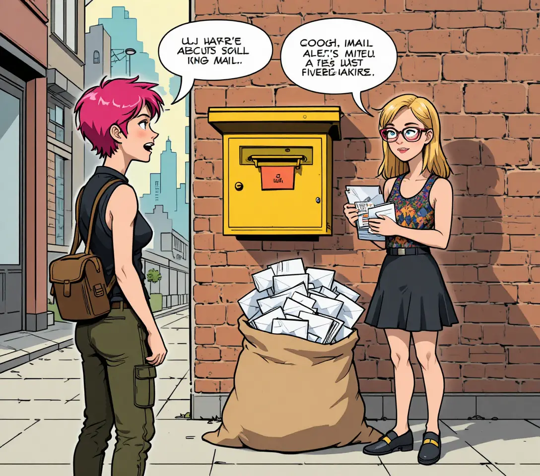 Comic scene of friends mailing envelopes on city street