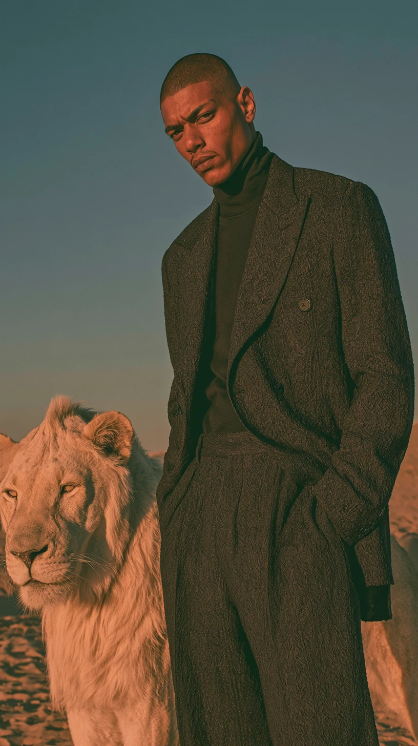 Mulher elegante de preto com leão branco no deserto