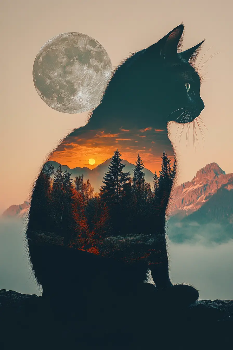 Gatto nero surreale con paesaggio interno illuminato dalla luna