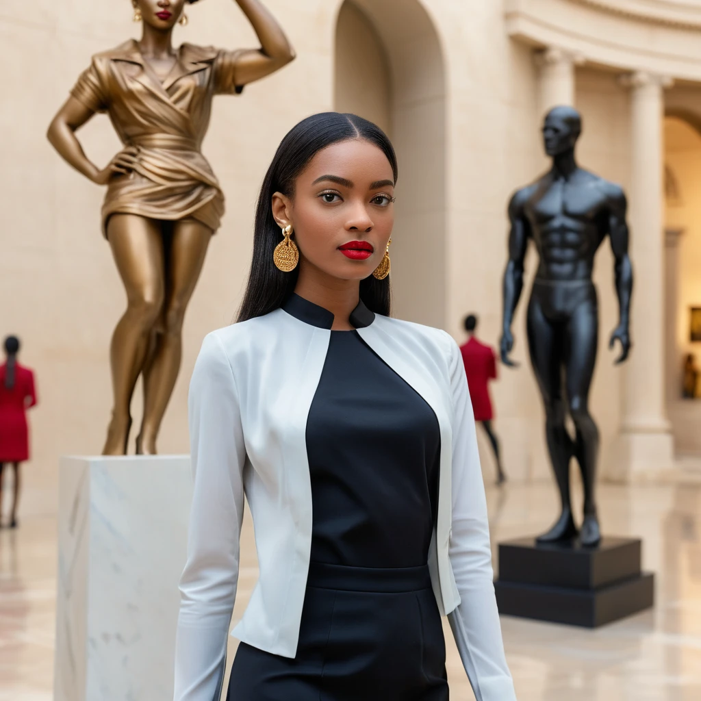 Donna elegante che posa accanto a una scultura in un museo moderno