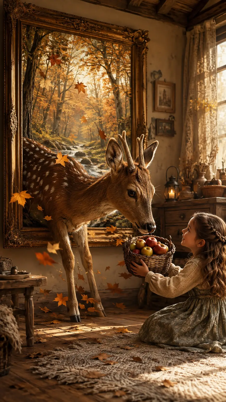 Giovane cervo che esce da un dipinto del bosco in un cottage