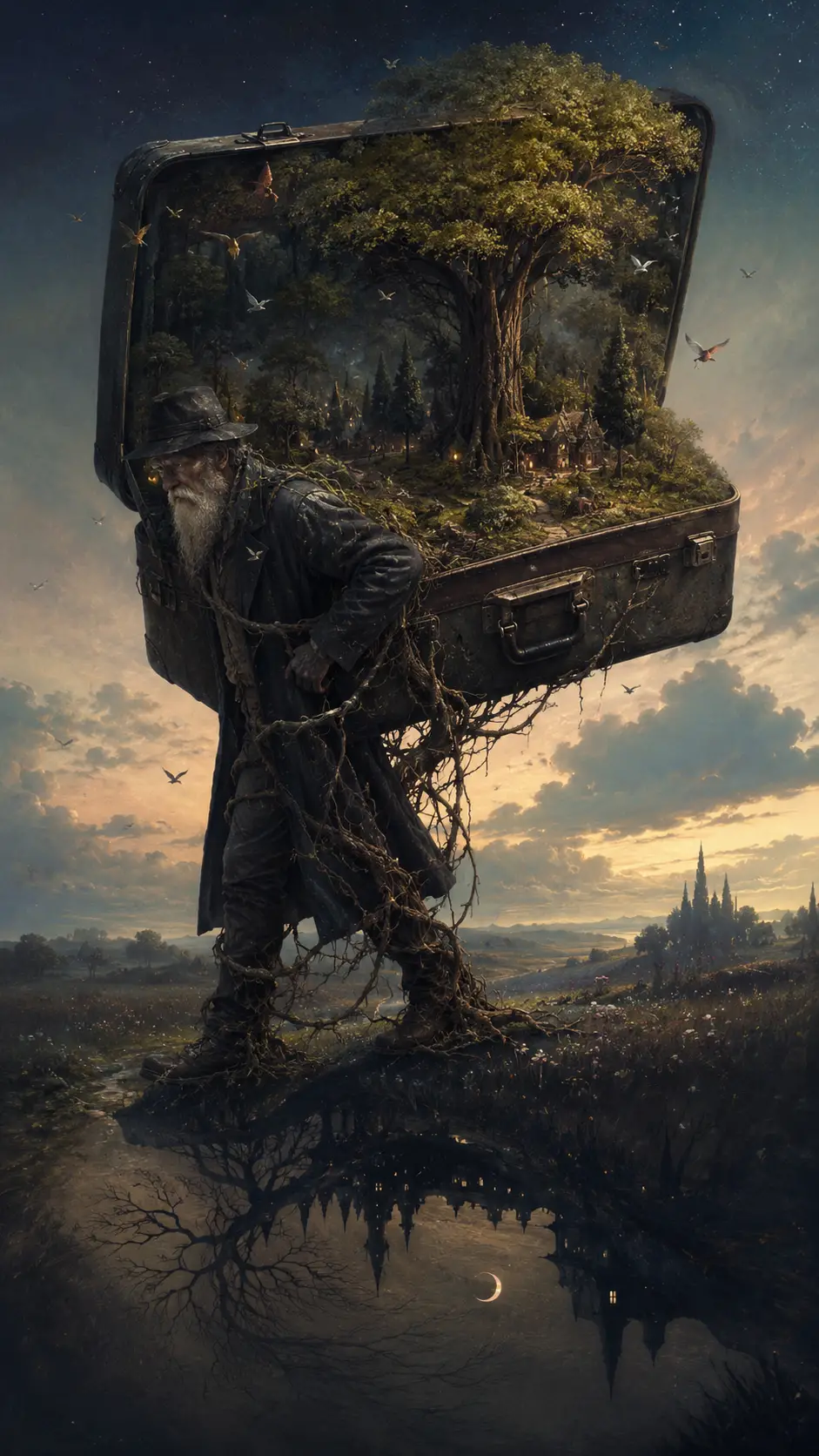 Elderly traveler with a suitcase forest in twilight meadow