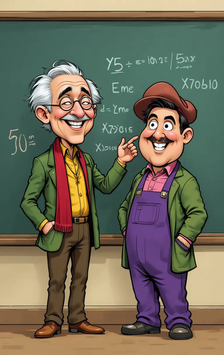 Fröhliche Lehrerin und Schüler an bunter Cartoon-Tafel