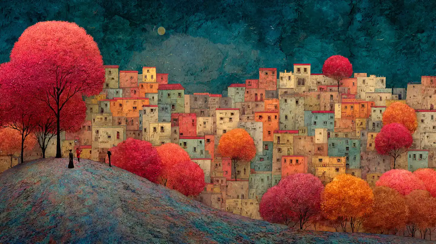 Paesaggio surreale a forma di cuore tessuto come un arazzo di lana