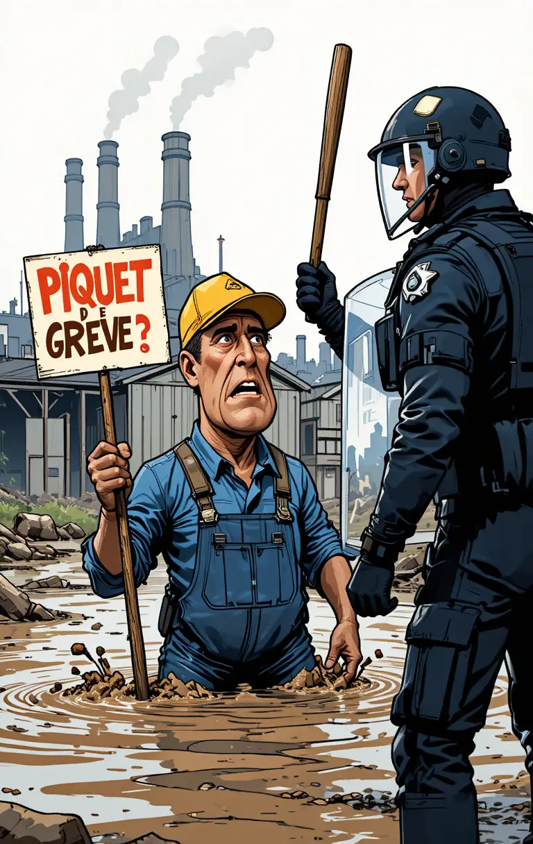 Striking worker confronts riot police in muddy factory standoff