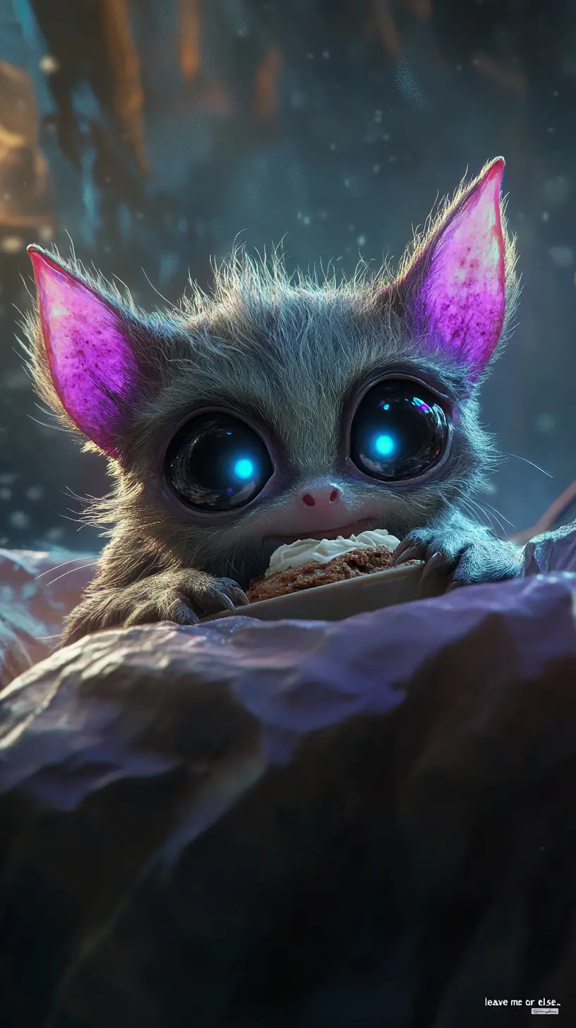 Piccola creatura fantasy con corna che protegge una ciotola di tiramisù
