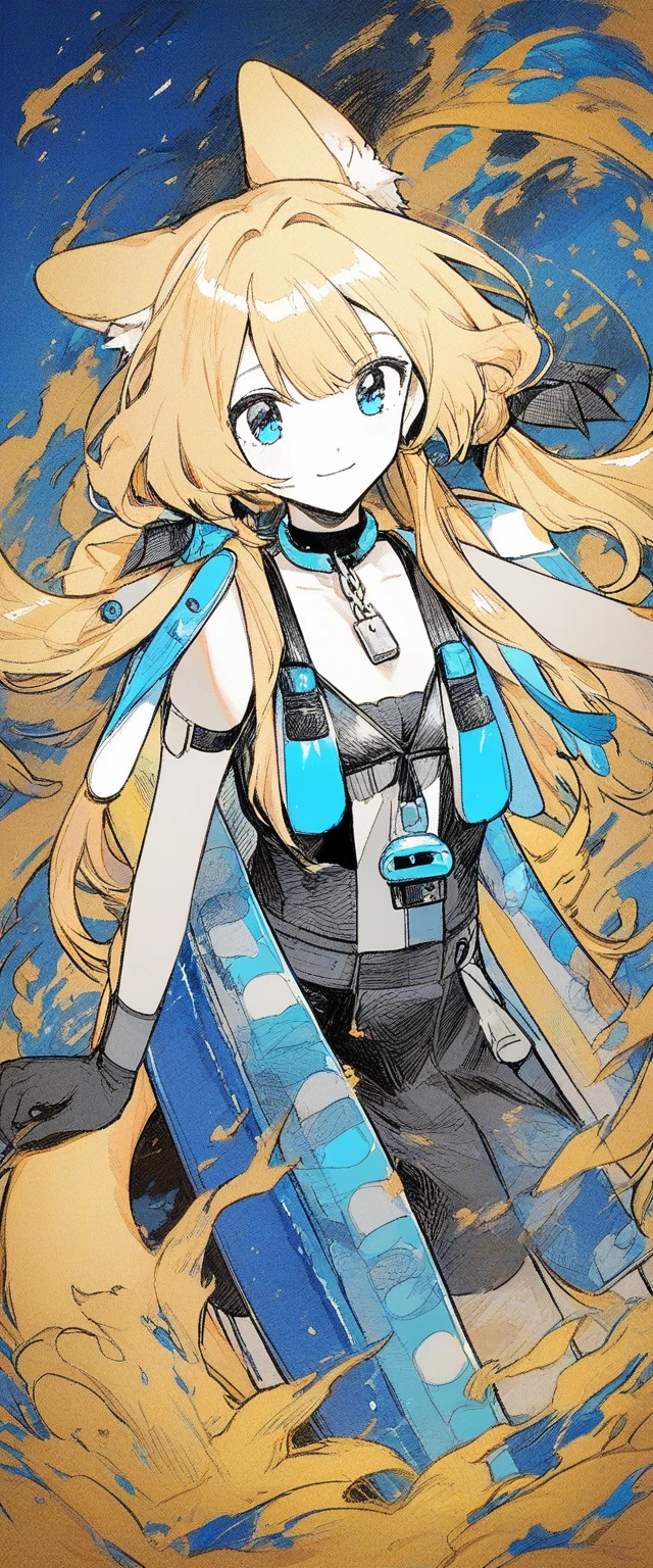 Chica de anime sonriente con orejas de animal esponjosas y cola de pez