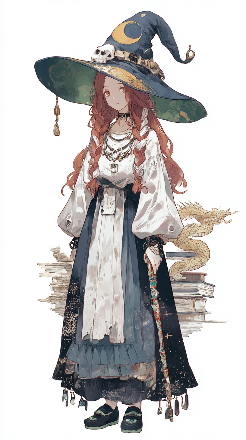 해골 목걸이와 프릴 스커트를 한 애니메이션 마녀 소녀