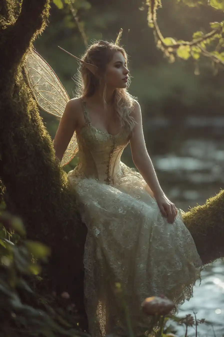 Steampunk fairy resting on a mossy branch in forest glade