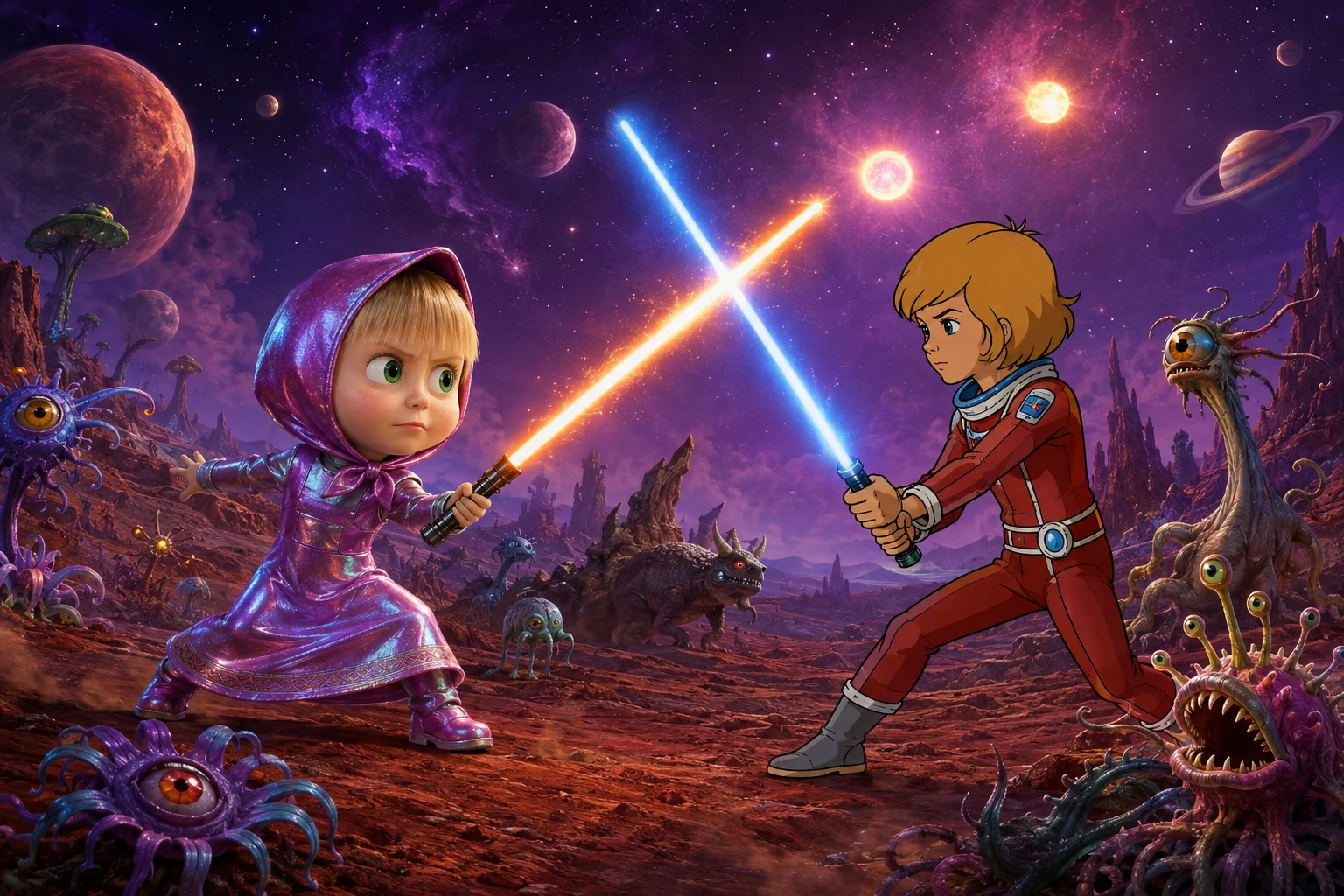 オレンジのライトセーバーを持つ少女戦士が異星の惑星に立つ