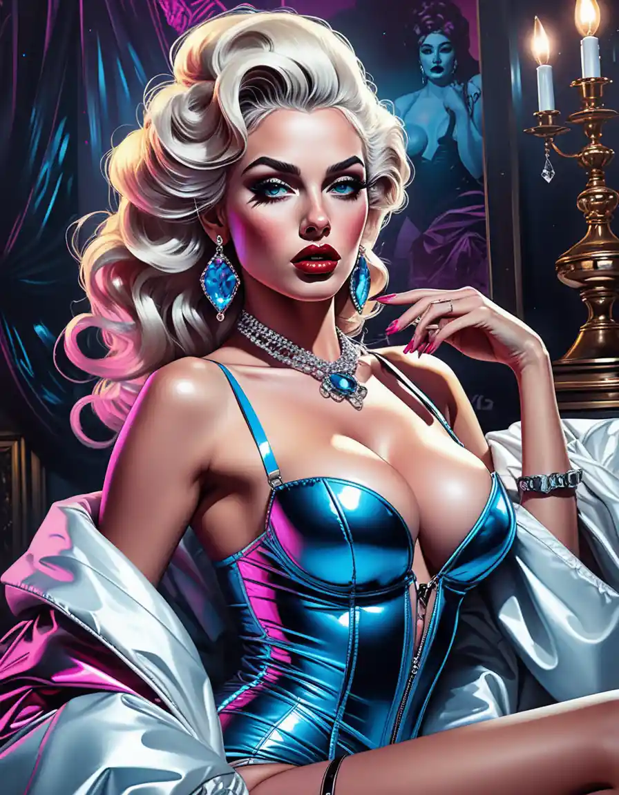 Pin-up de diosa neón con moda de alta costura barroca