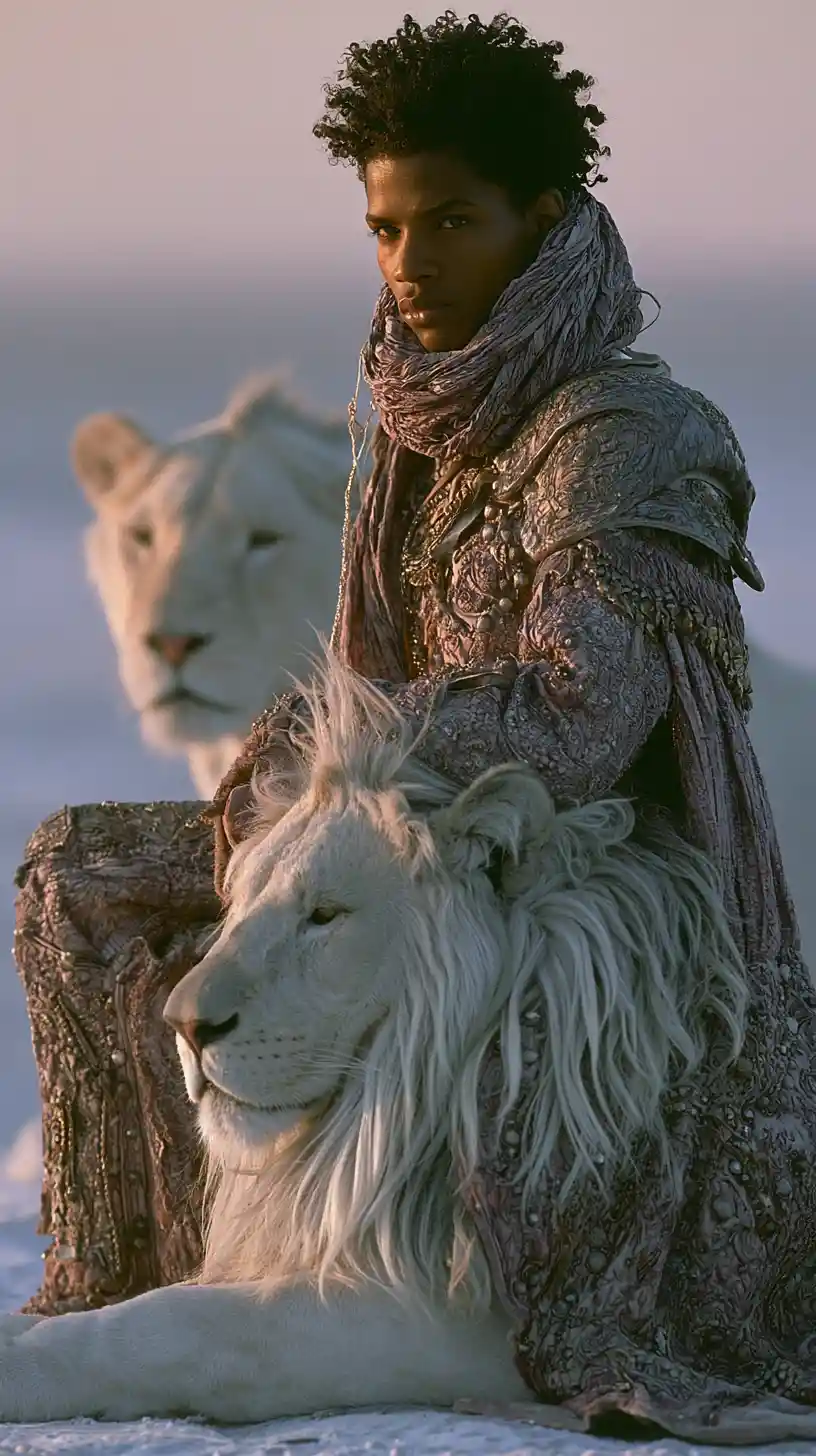 Man in black beside white lion in a desert sunset