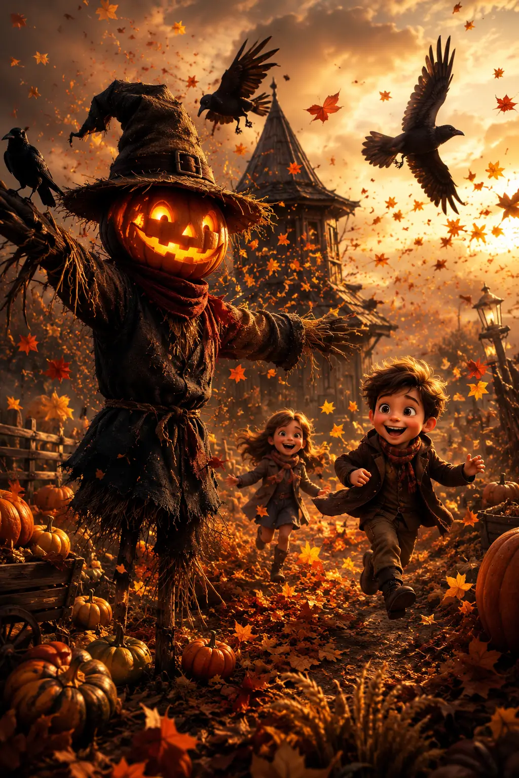 Spaventapasseri autunnale gioioso con lanterna di zucca luminosa