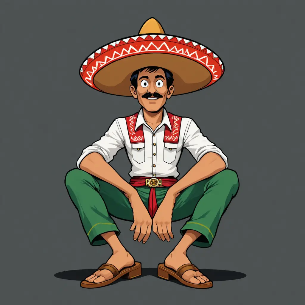 Personnage de dessin animé en tenue mexicaine assis en pose détendue