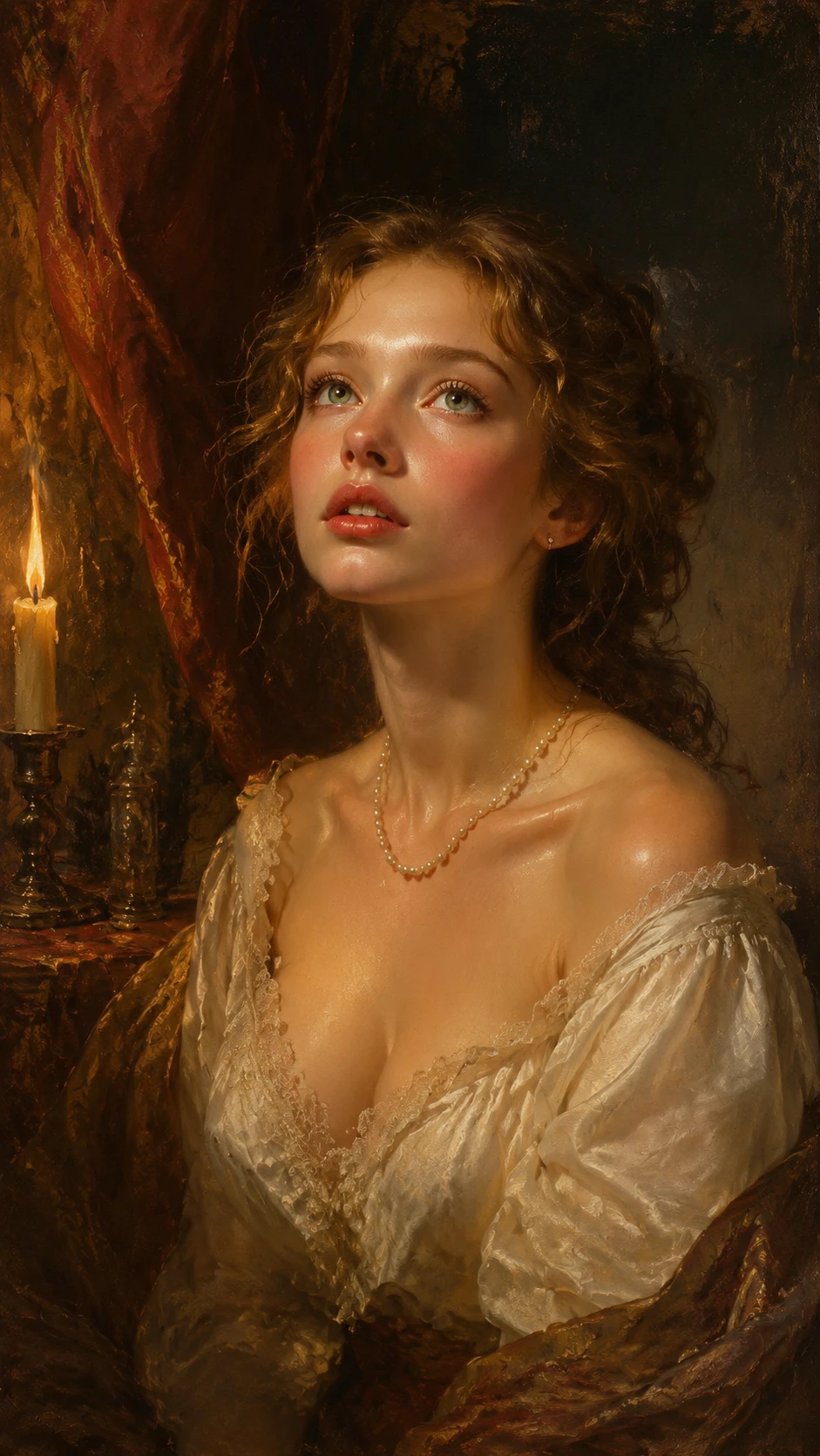 Renaissance style portrait of a young woman in candlelight
