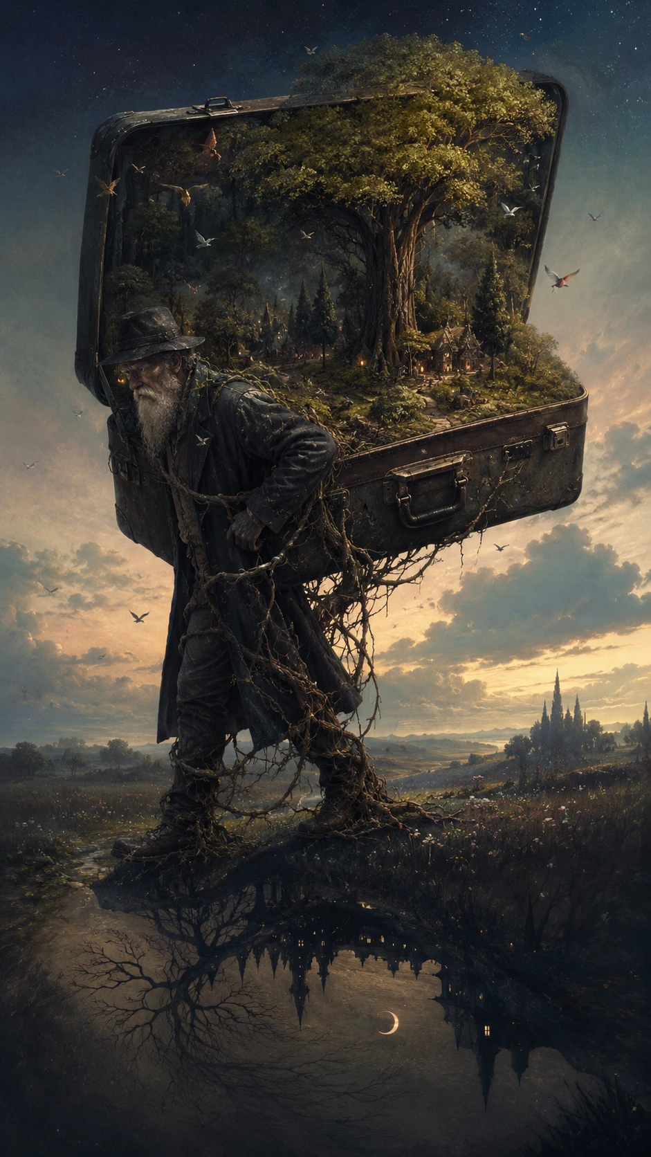Elderly traveler with a suitcase forest in twilight meadow