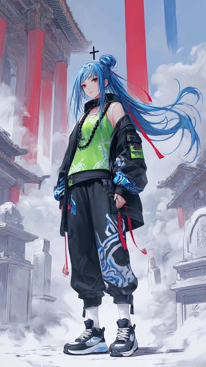 Chica de anime con conjunto estampado, moño y pasador de cruz