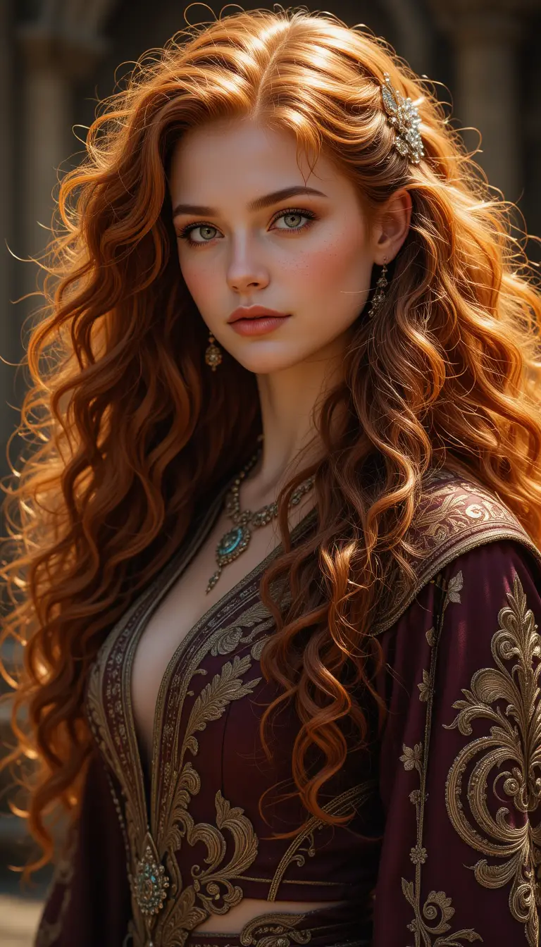 Bella maga dai capelli rossi in sontuose vesti arcane